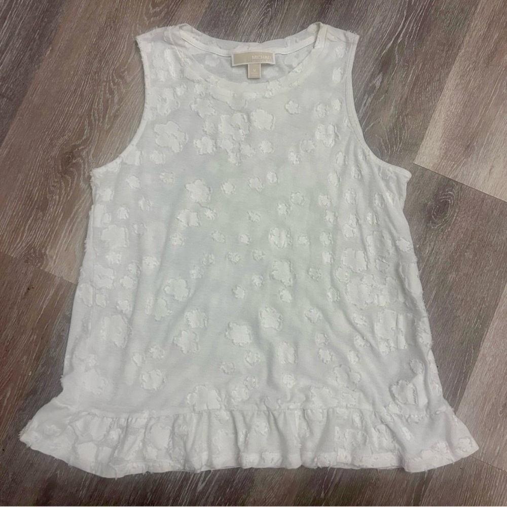 Michael Kors White Textured Floral Sleeveless Top | Size Medium | Ruffle Hem